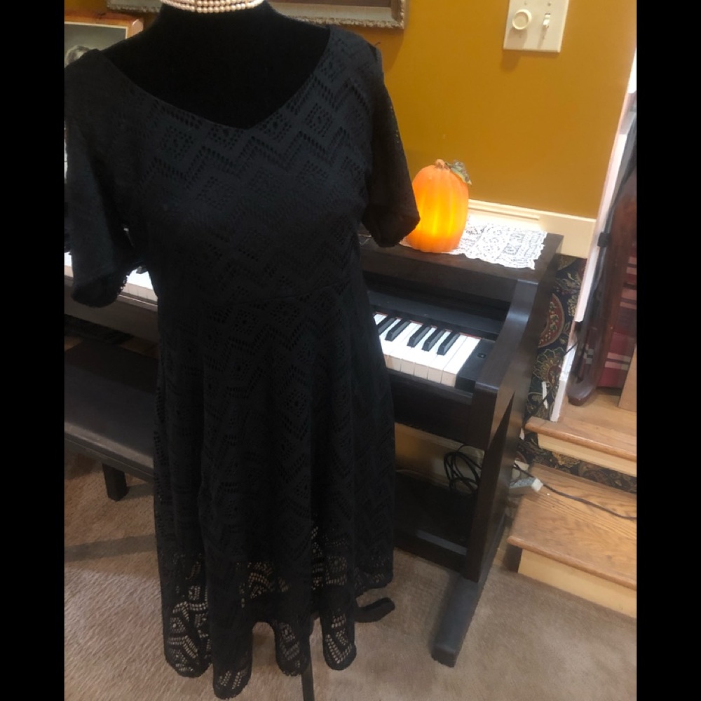 Slinky Brand Textured, mesh knit; black dress